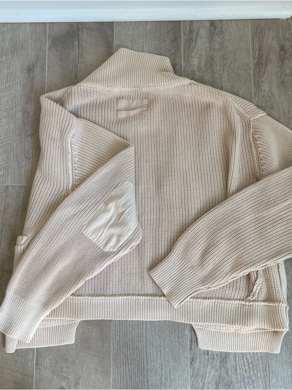 Free People 100% Cotton Worn Thru Surplus cardigan Sweater Champagne Dream large - Picture 7 of 7